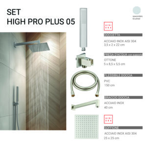 High pro plus 05 set doccia 5 pezzi, quadrato spazzolato